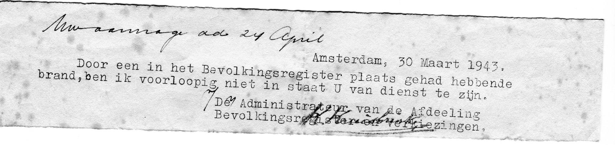 Briefje uit bevolkingsregister: door brand kan de informatie niet worden verstrekt.