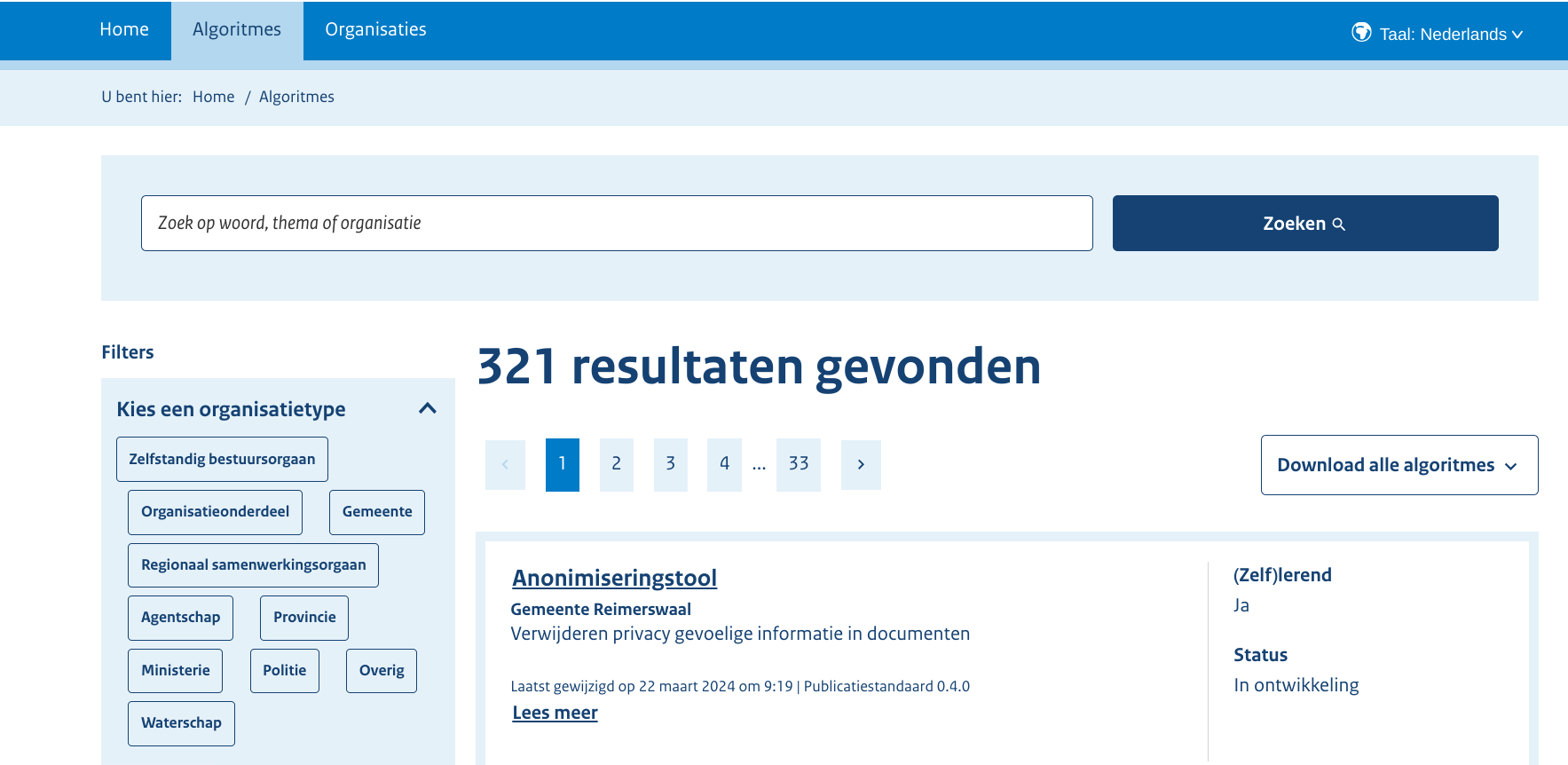 Webpagina van het Algoritmeregister met 321 gevonden algoritmes