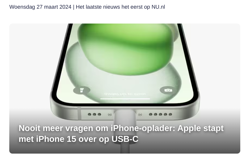 Nieuwsartikel van NU.nl dat Apple komt met USB-C als oplader