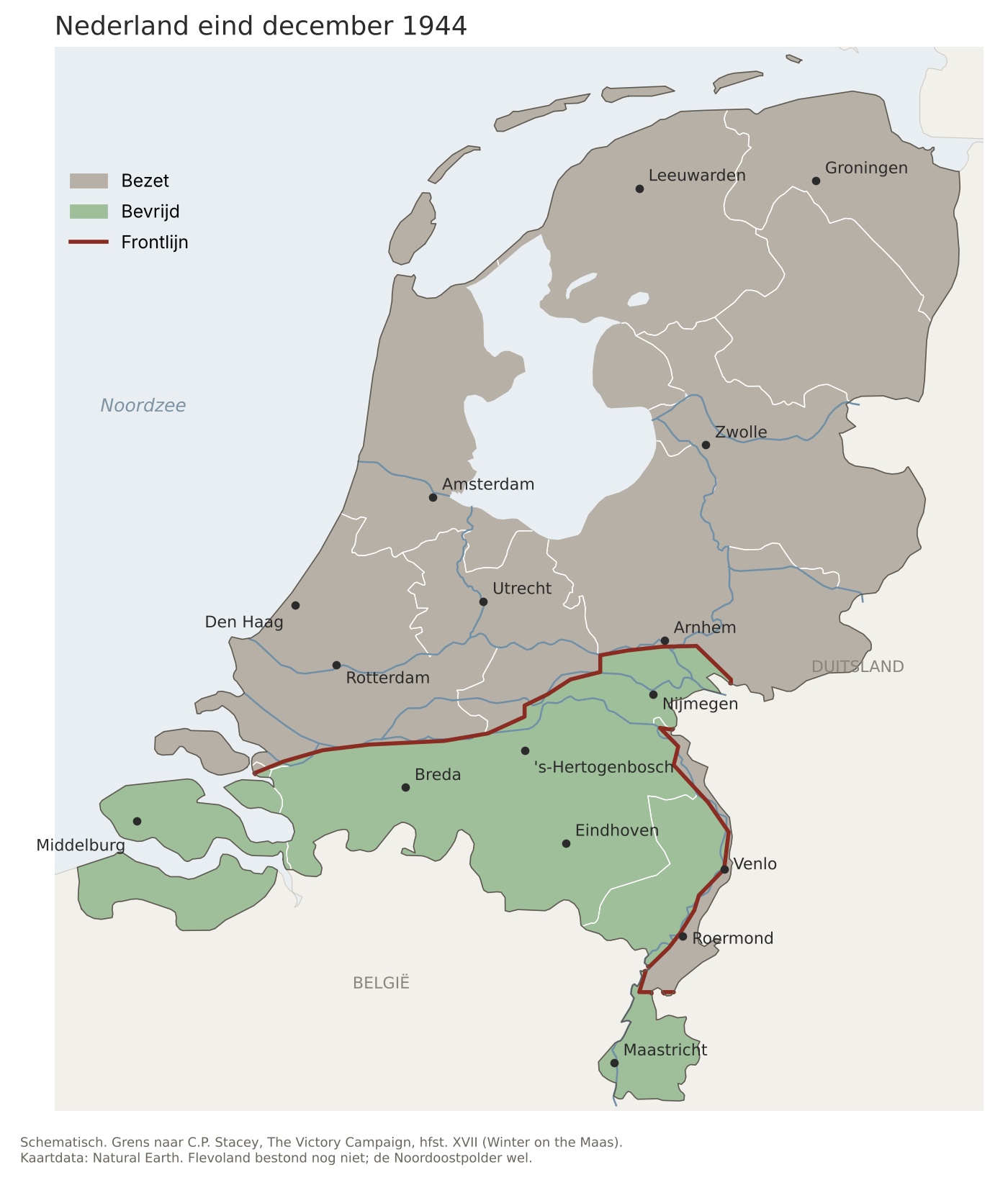Kaart bezet en vrij deel Nederland eind 1944